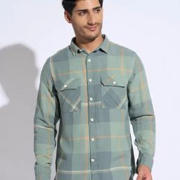 7 Alt By Pantaloons Agate Green Slim Fit Check Hooded Shirt-image-42