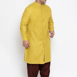 KISAH PLUS Men Plus Size Yellow & Maroon Solid Kurta with Patiala image 5