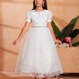 BAESD Girl's White Glitter Puff Sleeve Net Maxi Dress-picture-29