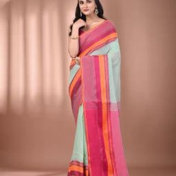 CHARUKRITI Mint Green Cotton Solid Saree With Unstitched Blouse-picture-45