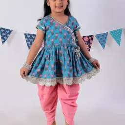 Lil Drama Girls Blue & Pink Floral Print Kurta With Dhoti-image-53