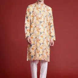 MANQ Men Floral Printed Flared Sleeves Thread Work Kurta image 1