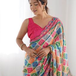 Kalista Ethnic Motifs Mirror Work Pure Chiffon Saree-picture-27