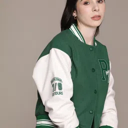 The Roadster Lifestyle Co. Solid Applique Detailed Drop-Shoulder Sleeves Varsity Jacket-53