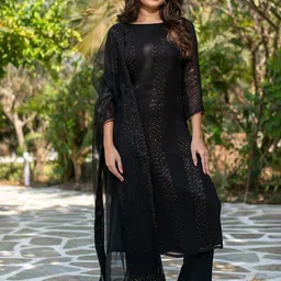 BAPS Women Striped Regular Sequinned Kurta with Trousers & With Dupatta image 3