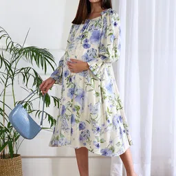 Shades of Sabi Women Floral Printed Off-Shoulder Maternity Fit and Flare Midi Dress-image-28