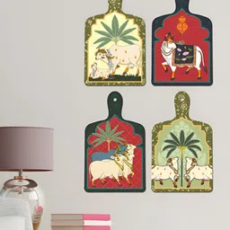 ArtVibes Maroon & Green 4 Pieces Pichwai Printed Wooden Wall Hangings-picture-9