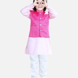 BownBee Jacquard Full Sleeves Seamless Motif Self Designed Jacket With Solid Kurta Pyjama - Light  Pink-image-32