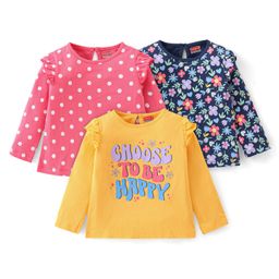 Babyhug Cotton Knit Full Sleeves Floral & Text Print T-Shirts Pack of 3 - Pink Blue & Yellow-image-21