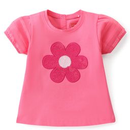 Babyhug  Cotton Knit Half Sleeves Top With Flower Graphics and Sequin Detailing - PInk-image-30