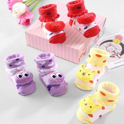 Cute Walk by Babyhug Ankle Length Socks Animal Applique Pack of 3 - Purple Red & Yellow-image-60