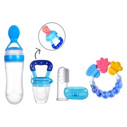 Joy Buzz Combo of Silicone Squeezy Food Feeder Bottle With Spoon Rattle Teether Soft Silicone Finger Toothbrush and Silicone Rattle Fruit And Food Nibbler - Blue-14