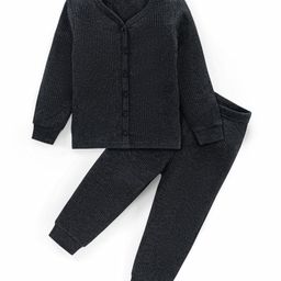 Babyhug Full Sleeves Solid Color Front Open Vest & Thermal Pant - Dark Grey-image-99