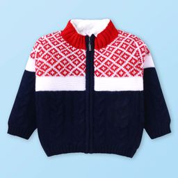 Babyhug Knitted Full Sleeves Front Open High Neck Sweater With Argyle Design - Red & Navy Blue-21