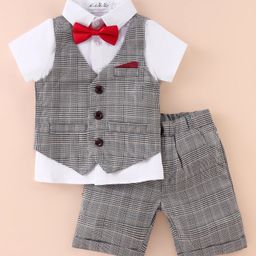 Kookie Kids Half Sleeves Checkered 3 Piece Party Suit with Bow - Brown-image-30