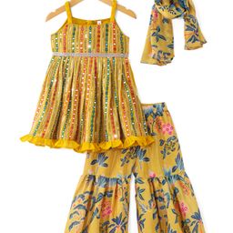 Babyhug Woven Sleeveless Embroidered Kurti With Floral Printed Sharara & Dupatta Set - Mustard-image-21
