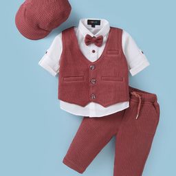 Robo Fry Lycra KnitHalf Sleeves Solid Colour Corduroy 3 Piece Party Suit with Cap & Bow - Maroon-picture-46