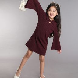 Taffykids Full Sleeves Lurex Houndstooth & Bow Detail Above Knee Length A Line Party Dress - Maroon-image-4