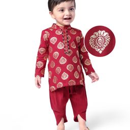 EARTHY TOUCH Knit Full Sleeves Floral Foil Printed Dhoti Kurta Set - Maroon-image-14