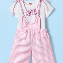 Twetoons Cotton Woven Half Sleeves T-Shirt & Dungree Style Romperwith Checks & Love Text Print - Pink-image-45