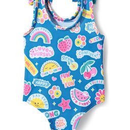 Babyhug Water RepellantSleeveless V Cut Swimsuit With Tropical Prints & Bow Applique - Blue-image-56