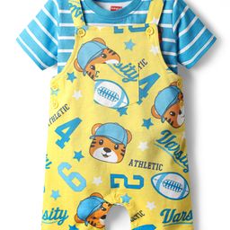 Babyhug Single Jersey Knit Dungaree & Half Sleeves T-Shirt With Animal Print - Yellow & Blue-image-93