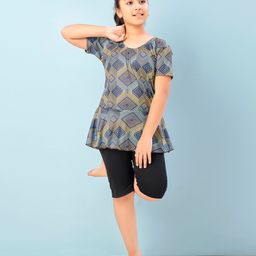 Aarika Half Sleeves Abstract Printed Frock Style Swimsuit - Green & Black-image-37