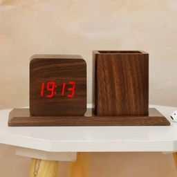 The Procure Store Wooden Digital Clock with Pen Holder- Brown-17
