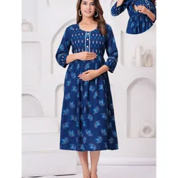 CeleBravo Three Fourth Sleeves Floral Printed Lace Embellished Maternity Dress With Concealed Zipper Nursing Access - Teal Blue-picture-9