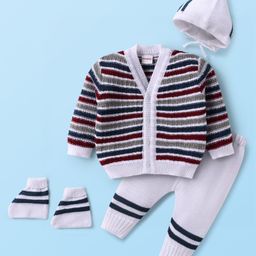 Babyhug Knit Full Sleeves Striped Front Open Sweater Set with Cap & Booties - Multicolor-image-0