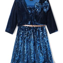 Hola Bonita Knit Full Sleeves Party Wear Sequinned Velvet Dress With Jacket - Teal-picture-43