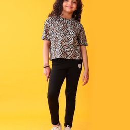 Anthrilo Blended Knit Half Sleeves Leopard Printed Tee With Leggings - Black-image-14