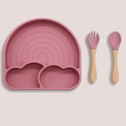 Theoni Silicone Suction Baby Feeding Set with Plate, Lid, Spoon & Fork Mess Free Toddler Mealtime Essential Dark Pink-image-82