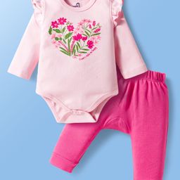 Doodle Poodle 100% Cotton Interlock Knit Full Sleeves Onesie with Diaper Leggings with Floral Print & Frill Dteailing - Pink-A-Boo & Fandango Pink-picture-46