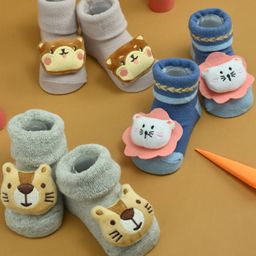 Yellow Bee Cotton Knit Pack Of 3 Animal 3D Applique Detailed Socks - Multi Colour-picture-7