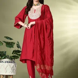 KALINI Floral Sequinned Embroidered V-Neck A-Line Kurta with Dhoti Pants & Dupatta-picture-6