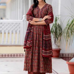 GULMOHAR JAIPUR Floral Printed Mirror Work Cotton Anarkali Kurta With Palazzos &  Dupatta-58