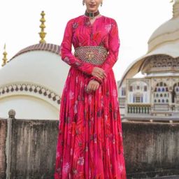 SCAKHI Pink Chinon Silk Floral Print Gathered Gown With Embellished Belt-image-45