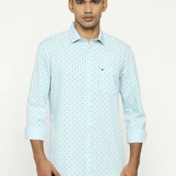 Basics Blue Cotton Slim Fit Printed Shirt-image-82