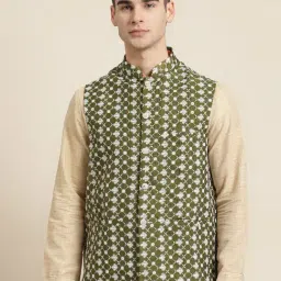 SOJANYA Green Comfort Fit Embroidered Nehru Jacket-picture-19