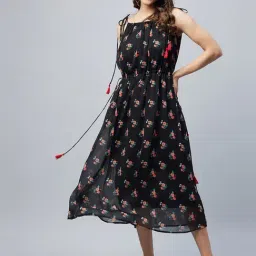 StyleStone Black Floral Print Fit & Flare Dress-image-64
