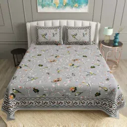 BELLA CASA Ethnic Collection Grey Cotton 180 TC King Bedsheet with 2 Pillow Covers-picture-43