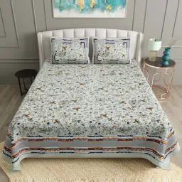 BELLA CASA Ethnic Collection Blue & Orange Cotton 180 TC King Bedsheet with 2 Pillow Covers-picture-21