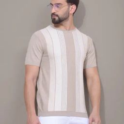 Crimsoune Club Beige Blended Slim Fit Stripes T-Shirt-image-29