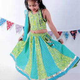 Lil Drama Girls Green & Turquoise Printed Lehenga, Choli With Dupatta-image-11