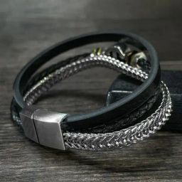 Peora Stainless Steel & Black Leather Stylish Openable Bracelet for Men-image-44