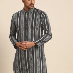 RAJUBHAI HARGOVINDAS Men Grey & White Pure Cotton Striped Handloom Kurta-image-84