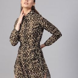 SASSAFRAS Black & Beige Animal Print Mini Shirt Dress-image-97