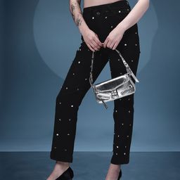 bebe Women Denim Daze Stones Studded Mid-Rise Straight Fit Stretchable Jeans-image-23