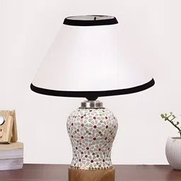 Devansh White & Red Printed Wooden Frustum Shaped Table Lamp With Mosaic Glass Base image 4